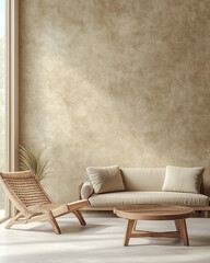 Contemporary Living Room Interior with Elegant Sofa, Armchair, and Coffee Table, Highlighting Wooden Details, Neutral Colors, and Boho Style with Concrete Wall and Natural Light.