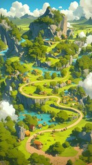 Enchanted Forest Game Board: Top-View Fantasy Landscape with Floating Islands. Abstract Anime-Style Concept Art for Video Games, Book Illustrations, and Marketing Campaigns. Minimalist Digital Paintin