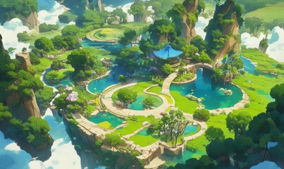 Enchanted Forest Game Board: Top-View Fantasy Landscape with Floating Islands. Abstract Anime-Style Concept Art for Video Games, Book Illustrations, and Marketing Campaigns. Minimalist Digital Paintin
