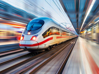 Fototapeta premium A high-speed train moves along a railway track. Neural network AI generated art
