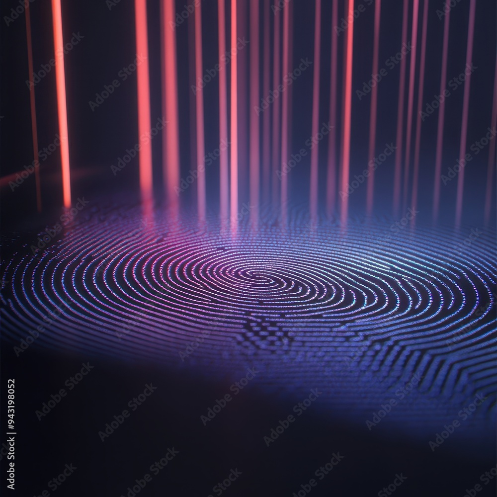 Poster abstract fingerprint pattern with neon lights - futuristic security concept.