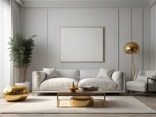 Modern Living Room with Gold Accents and a Large Empty Frame