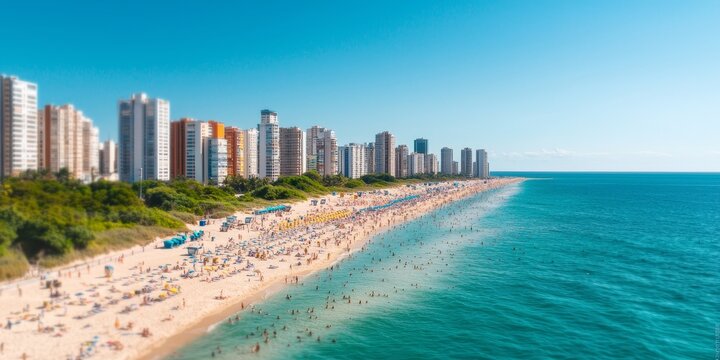 aerial view of crowded beach with coastal high-rise buildings and turquoise ocean water under a clear blue sky - summer vacation paradise. - Powered by Adobe