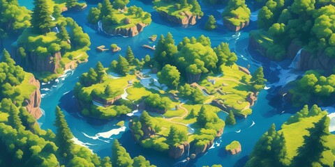 Enchanted Forest Game Board: Top-View Fantasy Landscape with Floating Islands. Abstract Anime-Style Concept Art for Video Games, Book Illustrations, and Marketing Campaigns. Minimalist Digital Paintin