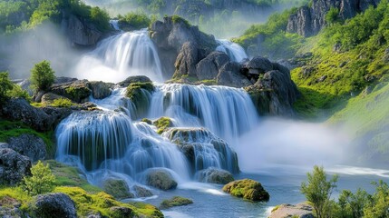 Obraz premium Majestic waterfall, rough rocky cliffs with vivid greenery surrounding, mist and sunlight creating a dreamlike atmosphere