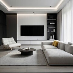 Modern living room with white sofa, armchair, and coffee table