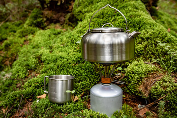 Making tea in a teapot in the wild forest on a gas burner.