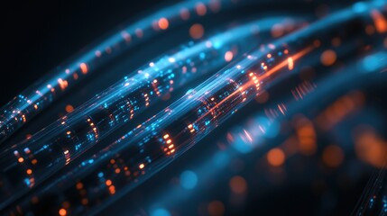 A close-up of a fiber optic cable with light signals, representing high-speed communication technology.
