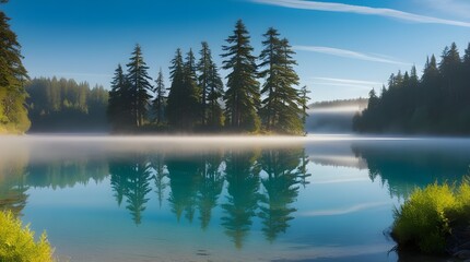 A serene crystal-clear lake, perfectly still and mirror-like, reflecting the majestic towering evergreen trees, their branch tips slightly swaying in the gentle breeze, with a thin veil of mist hoveri