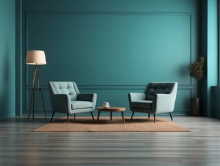 Teal Room with Two Armchairs, Coffee Table, and Floor Lamp