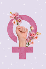 Vertical poster collage hand body fragment arm power protest blossom flowers female gender womens day holiday march drawing background