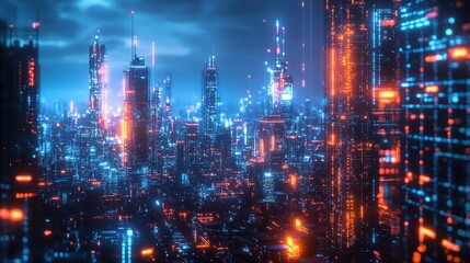 Futuristic AI world, interconnected networks, digital cityscape, advanced technology.