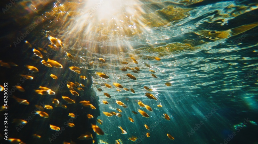 Aufkleber An underwater shot of a school of small fish creating a mesmerizing pattern as they move through the sunlight-dappled waters of a tropical lagoon