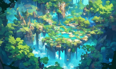 Enchanted Forest Game Board: Top-View Fantasy Landscape with Floating Islands. Abstract Anime-Style Concept Art for Video Games, Book Illustrations, and Marketing Campaigns. Minimalist Digital Paintin