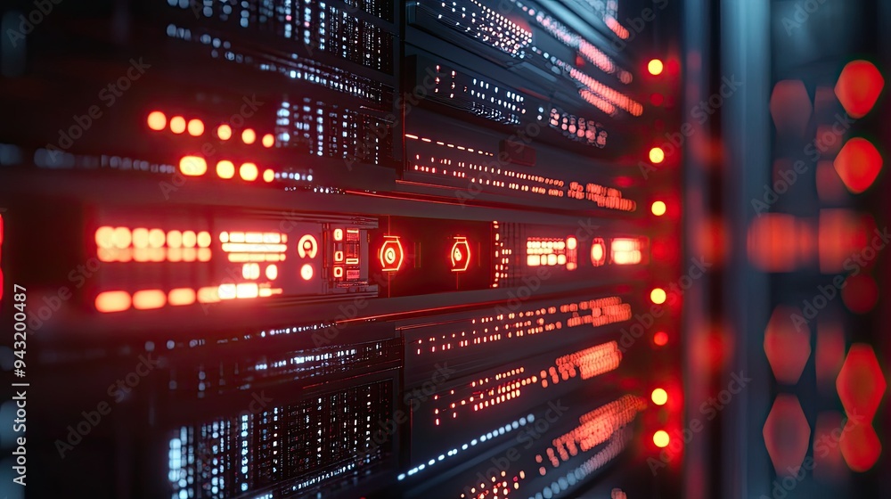 Poster a close-up of a network server with glowing indicators, representing communication technology.