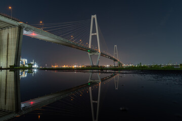 水たまりに映り込む吊り橋　愛知県	