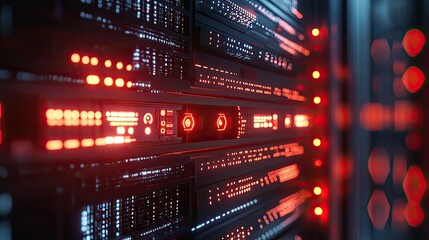 Obraz premium A close-up of a network server with glowing indicators, representing communication technology.