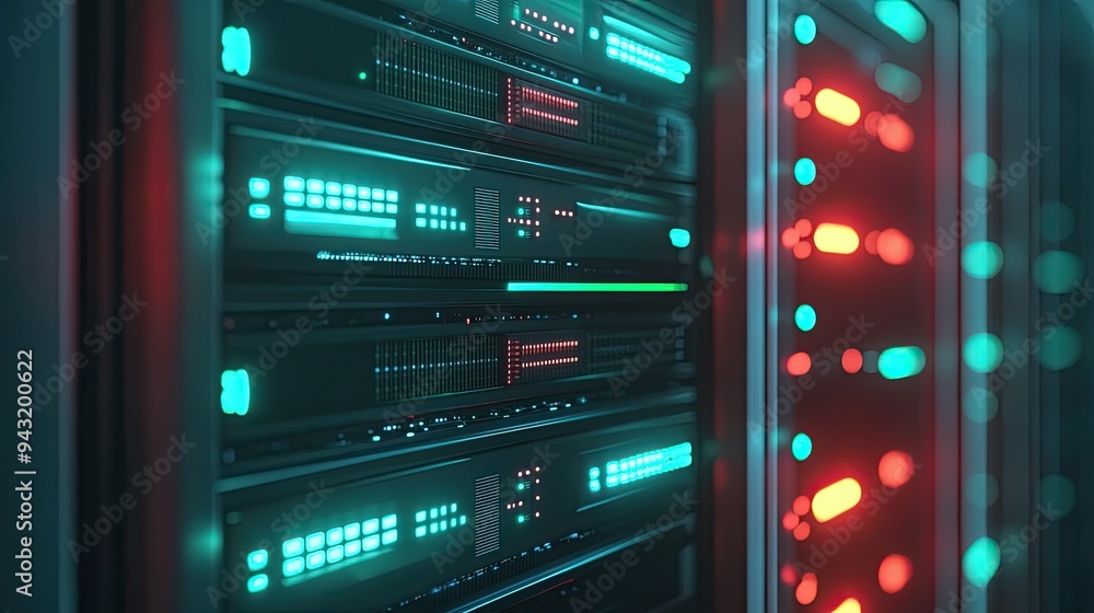 Poster a close-up of a network server with glowing indicators, representing communication systems.