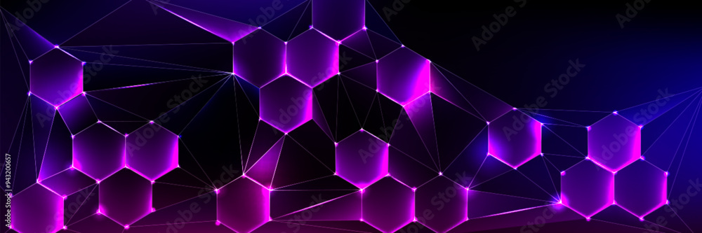 Poster medical or tech dark background with purple hexagon abstract pattern and bright flare. realistic 3d 