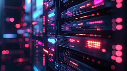 Obraz premium A close-up of a network server with glowing indicators, representing communication systems.