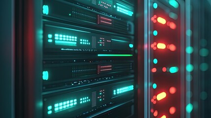 Fototapeta premium A close-up of a network server with glowing indicators, representing communication systems.