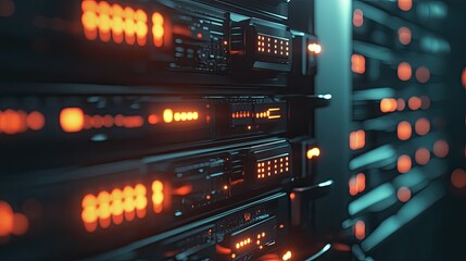 Obraz premium A close-up of a network server with glowing indicators, representing communication technology.