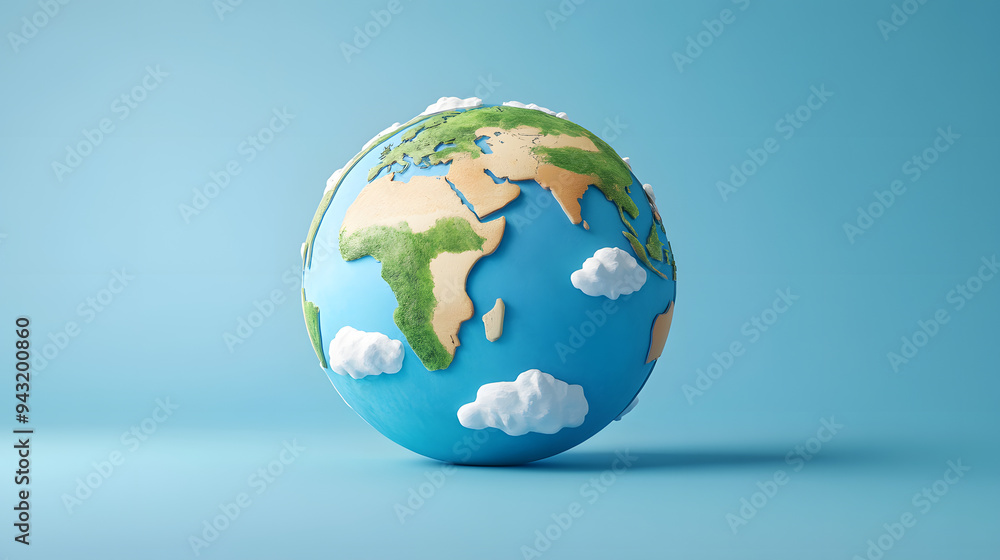 Wall mural 3d illustration of the earth sits on a blue background. the globe features a simplified map of conti