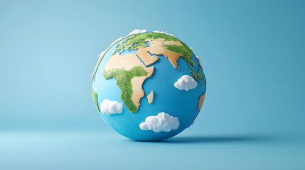 Fototapeta premium 3D illustration of the Earth sits on a blue background. The globe features a simplified map of continents and oceans, with white clouds and green landmasses.
