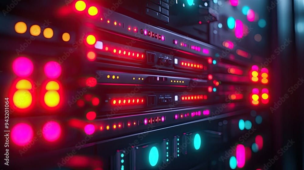 Poster a close-up of a server rack with glowing indicators, representing communication technology.