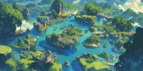 Fototapeta premium Enchanted Forest Game Board: Top-View Fantasy Landscape with Floating Islands. Abstract Anime-Style Concept Art for Video Games, Book Illustrations, and Marketing Campaigns. Minimalist Digital Paintin