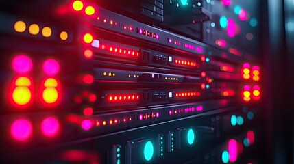 Naklejka premium A close-up of a server rack with glowing indicators, representing communication technology.