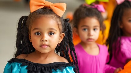 Fototapeta premium adorable little girl in colorful costume with bow looking at camera with friends behind - halloween party fun