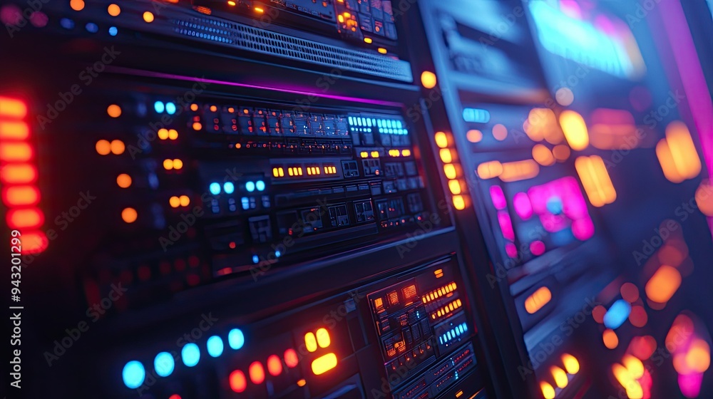 Poster a close-up of a server rack with glowing indicators, representing communication technology.