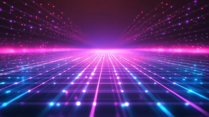 Futuristic neon grid with glowing digital elements and patterns