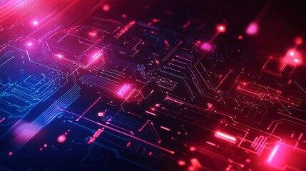 Futuristic technology background with neon circuits and glowing digital elements