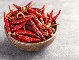 dried red chili peppers in wooden bowl on gray background - spicy chili peppers, hot peppers, food ingredient, spicy cuisine, chili seasoning.