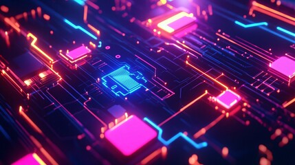 Glowing neon circuits with a 3D effect on a futuristic digital background