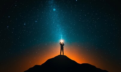 silhouette of man reaching for the stars on a mountaintop under a night sky with the milky way galaxy.