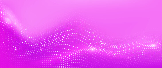 Pink background with abstract particle wave pattern. Futuristic digital texture for science and technology design. Realistic 3d vector illustration of wallpaper with dynamic dot curve line grid.