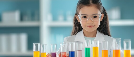 young asian girl scientist in lab coat with colorful liquids in test tubes - science education, stem, experiment, chemistry, research.