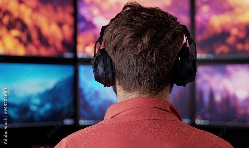 Poster man with headphones in front of multiple computer monitors, surrounded by colorful abstract images, 
