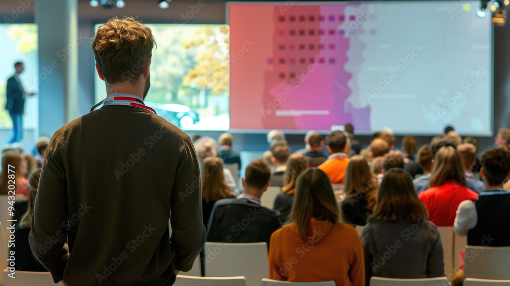 Aufkleber rear view of attentive audience at a business conference with speaker on stage and presentation scre