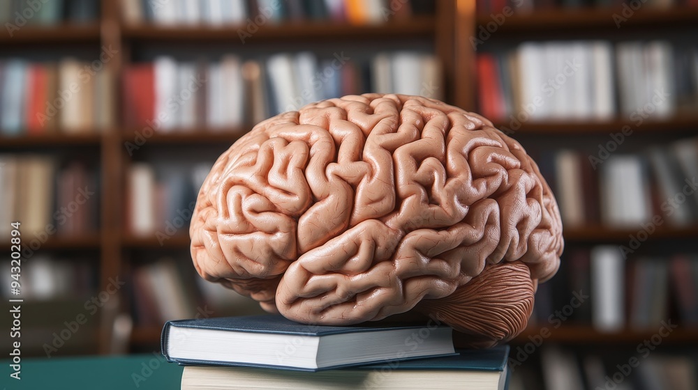Poster human brain model on stack of books in a library setting, representing knowledge, education, and lea