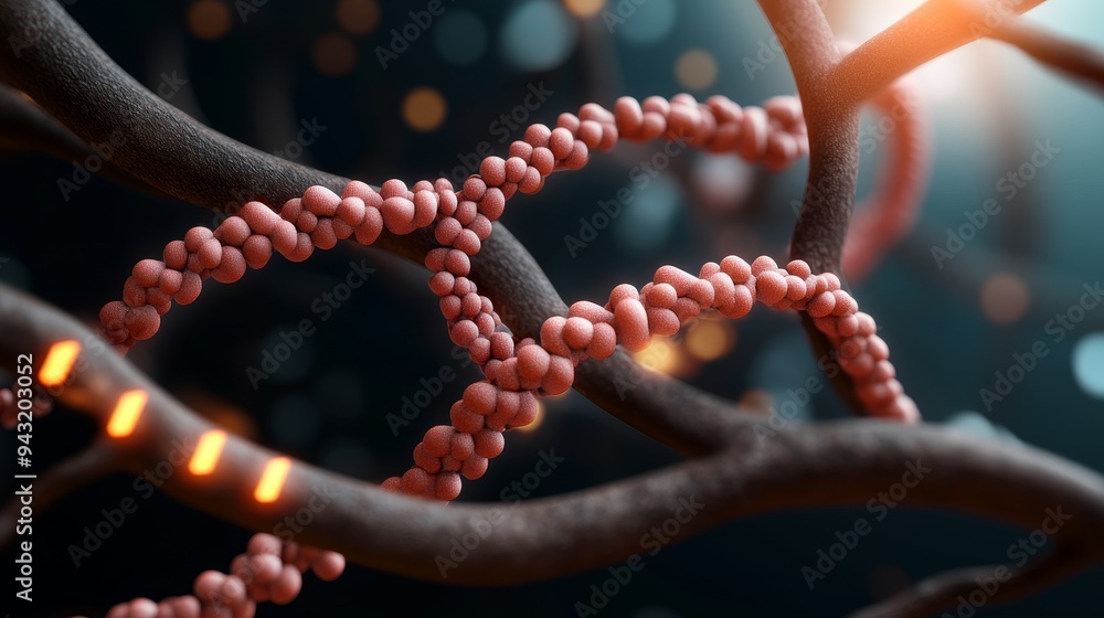 Poster abstract 3d rendering of dna double helix with glow-in-the-dark effect on a blue background, represe