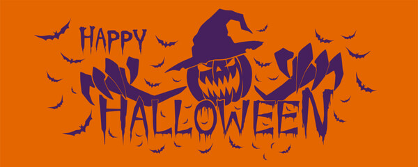 Horizontal Happy Halloween Text Banner or party Invitation Background With Flying Bats, Pumpkin , Vector.