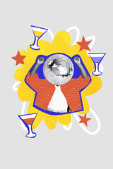 Vertical photo collage of anonym human instead head disco ball avatar martini glass beverage celebration isolated on painted background