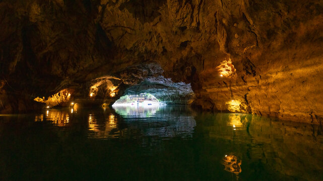 Altinbesik Cave is Turkey's largest underwater lake cave, in addition to its magnificent beauty. The cave is illuminated with colored lights. Antalya, Turkey.