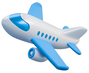 Flying plane icon. Cute, cartoon 3d realistic white airplane with blue portholes and wings, perspective view