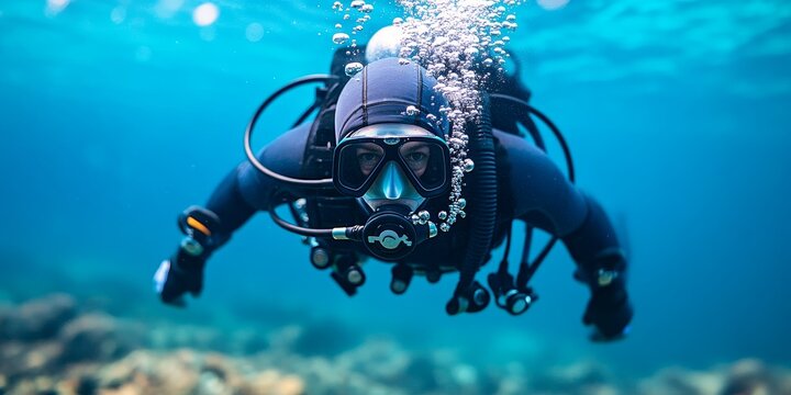 scuba diving underwater adventure - man in wetsuit exploring ocean depths with dive gear and mask.