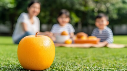 closeup of yellow apple with family picnicking in blurred background - green grass, sunny day, happy family.